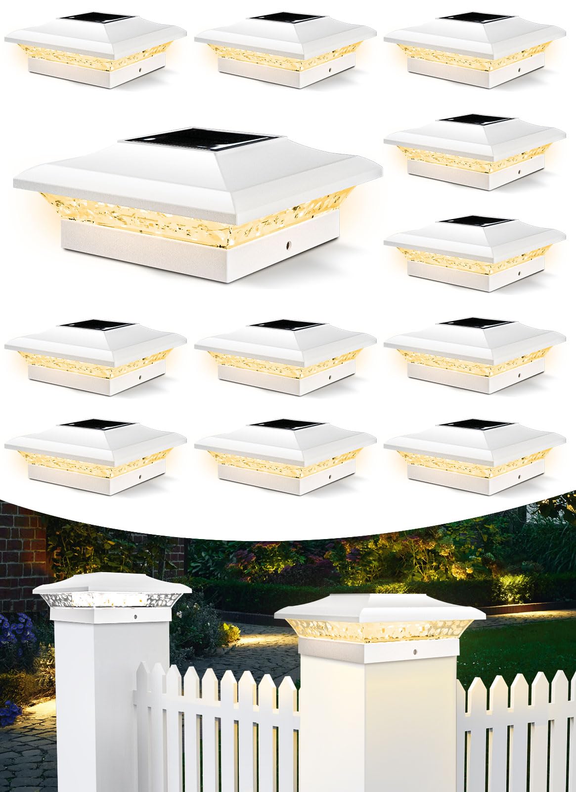 T-Sun 4X4 Post Cap Lights 12 Pack For Vinyl/Wooden Fence Auto Dusk To Dawn Outdoor Waterproof Warm & Cool White Solar Powered Deck/Patio Lighting