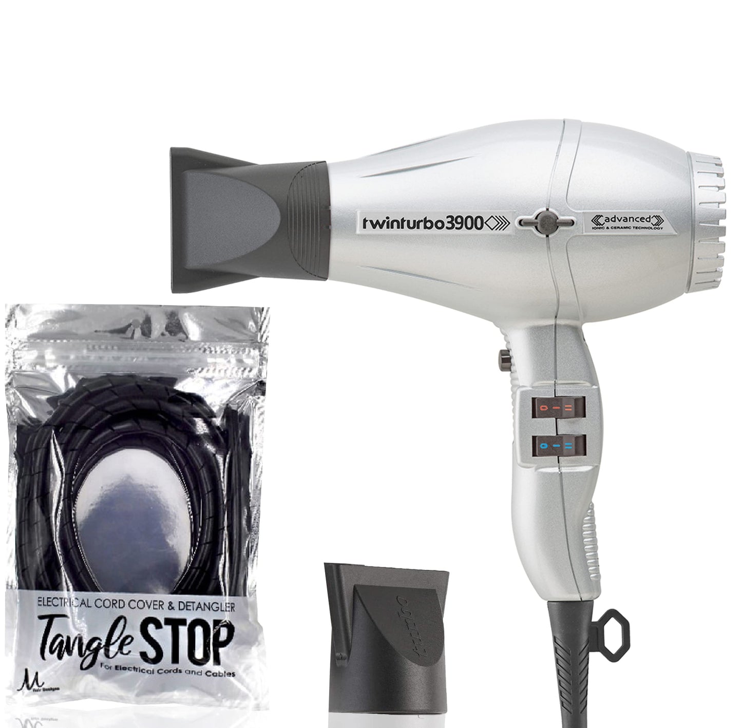 Turbo Power Twin Turbo 3900 Advanced Ionic & Ceramic Silver Hair Dryer + M Hair Designs Tangle Stop Cord Detangler (Bundle) - Fa
