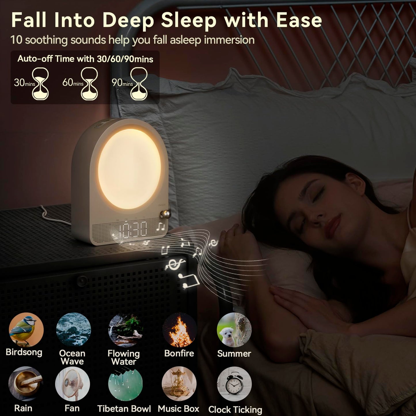 Vivilumens Sound Machine Alarm Clock, Gentle Sunrise Wake Up Light Alarm Clock for Heavy Sleepers Adults, Dimmable Night Light & RGB Meteors Lights Mode, 10 Natural Sounds, Great Gifts for Her