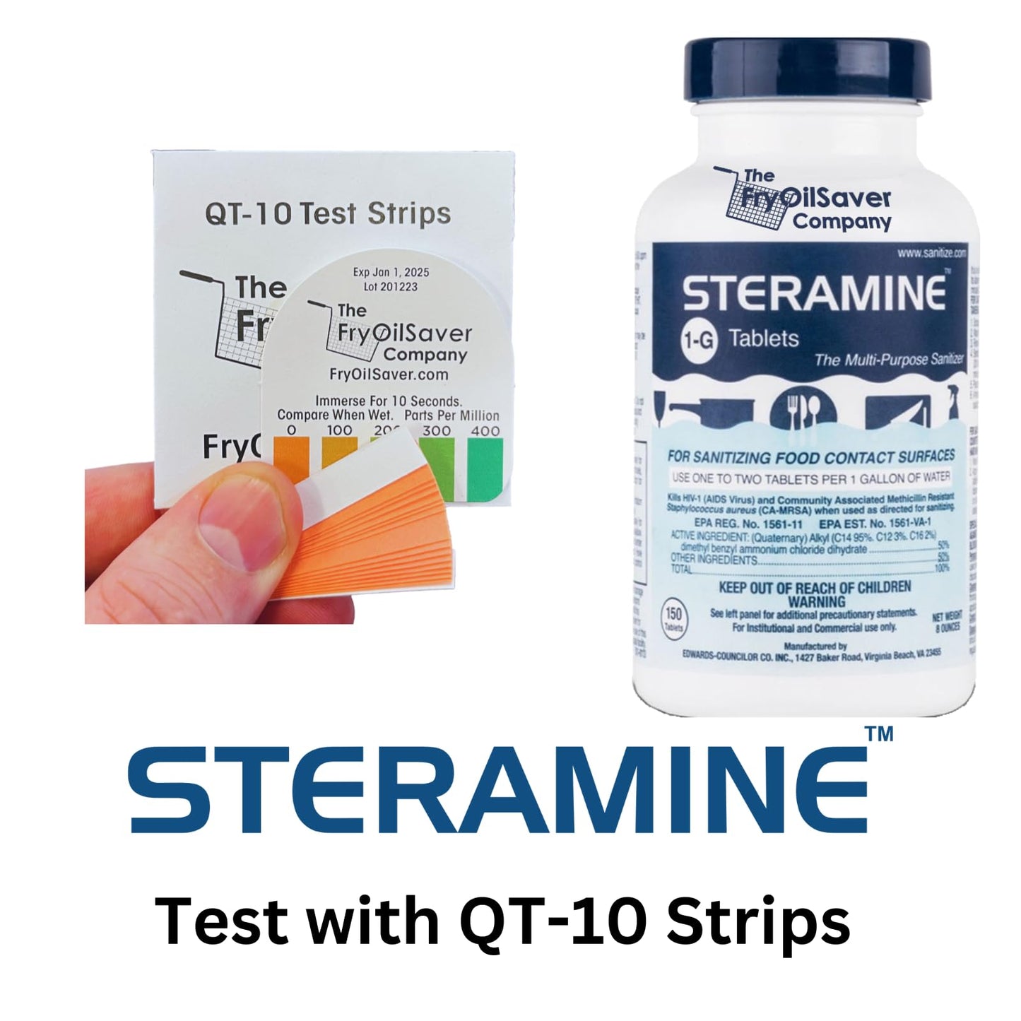 1 Bottle Steramine Sanitizer Tablets - Multi Purpose Steramine Sanitizing Tablets for Food Contact Surfaces in Kitchen, Diners, Hotels, Restaurants & Food Trucks by FryOilSaver Co. (150 Count)