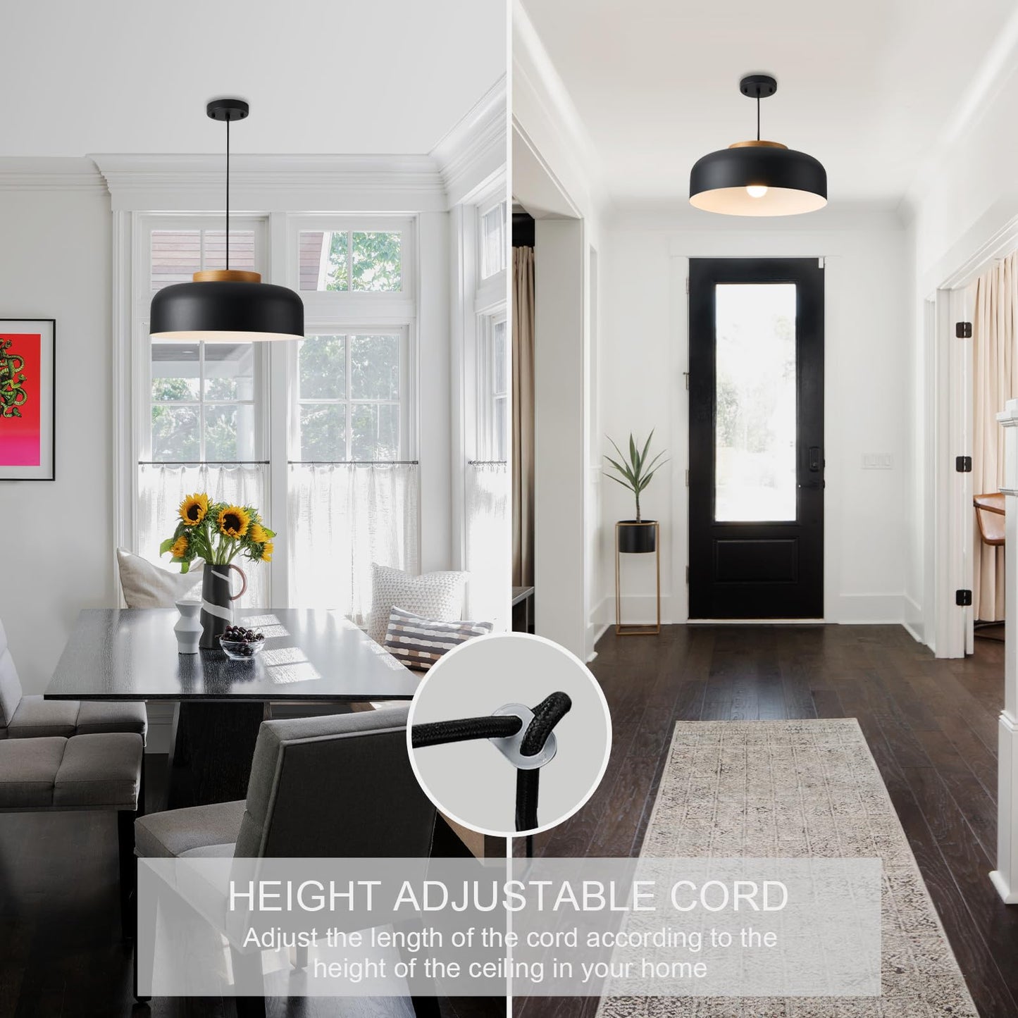 Modern Large Pendant Light Fixture  17.7 Inch Natural Wood Cap  Matte Black Finish  Simple Pendant Lighting For Kitchen Island  Dining Room  Table