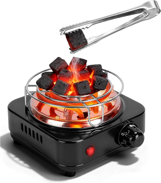 Electric Charcoal Burner Stove, 500W Hookah Single Coil Hot Plate Starter with Grill Tongs, 5-Level Temp, Smart Heat Control & Stainless Steel Fast Heating for Cooking top Countertop(Black)