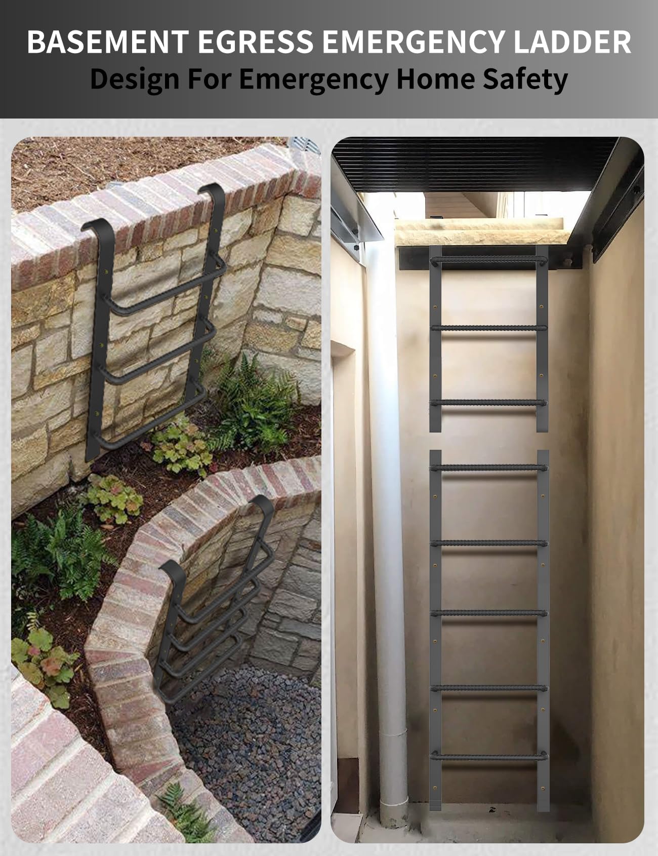 5-Rung Window Well Ladder, Heavy Duty Steel Basement Egress, Fire Escape for Emergency Home Safety (56.2" Lx17.9" W, Straight, Matte Black)