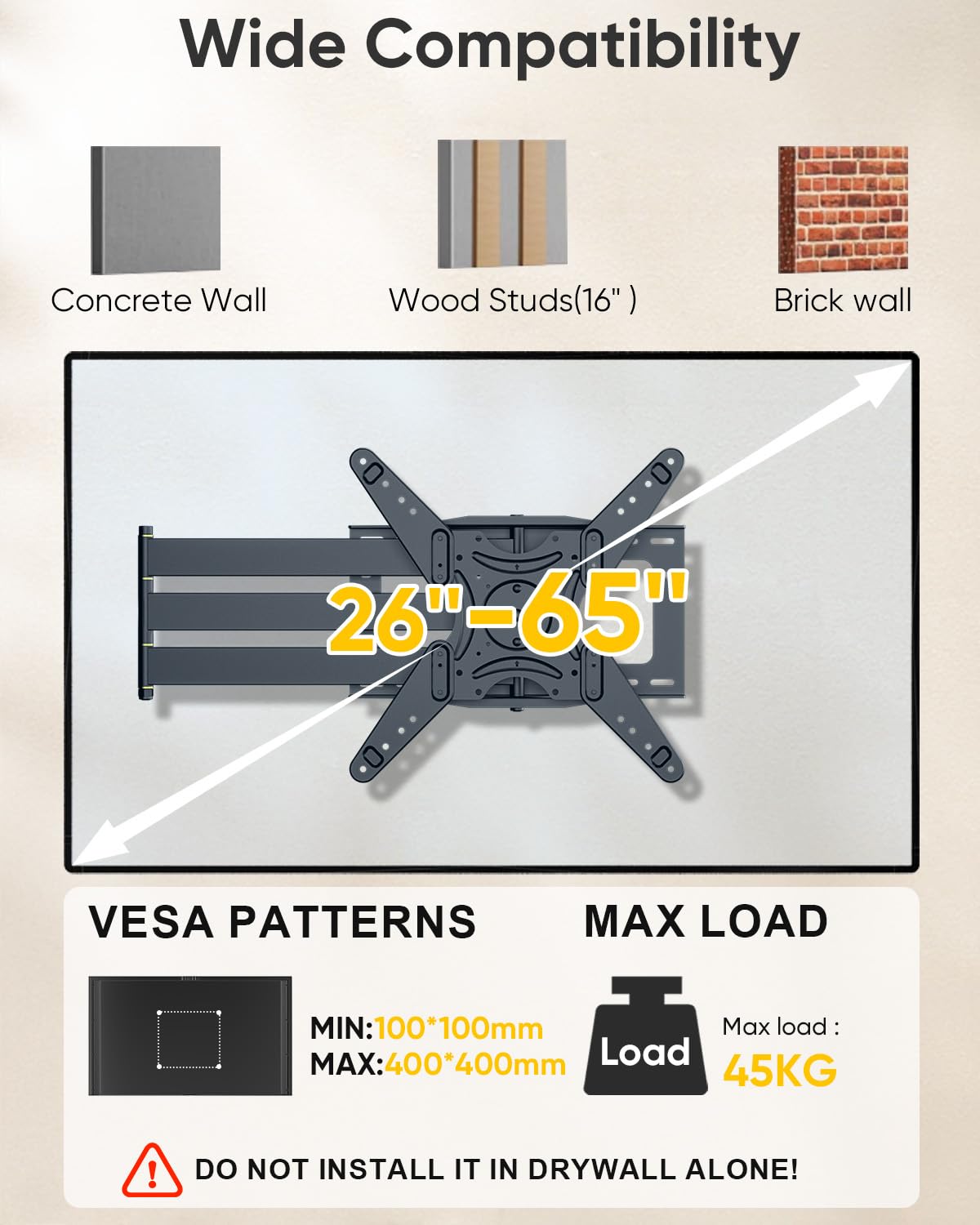 WHYFONE 48'' Extension Long Arm Rotating TV Wall Mount Heavy Duty, Landscape to Portrait Full Motion TV Mount Vertical for 26''-65'' Screens, VESA 400x400mm,16''Wood Stud/Concrete/Brick Wall