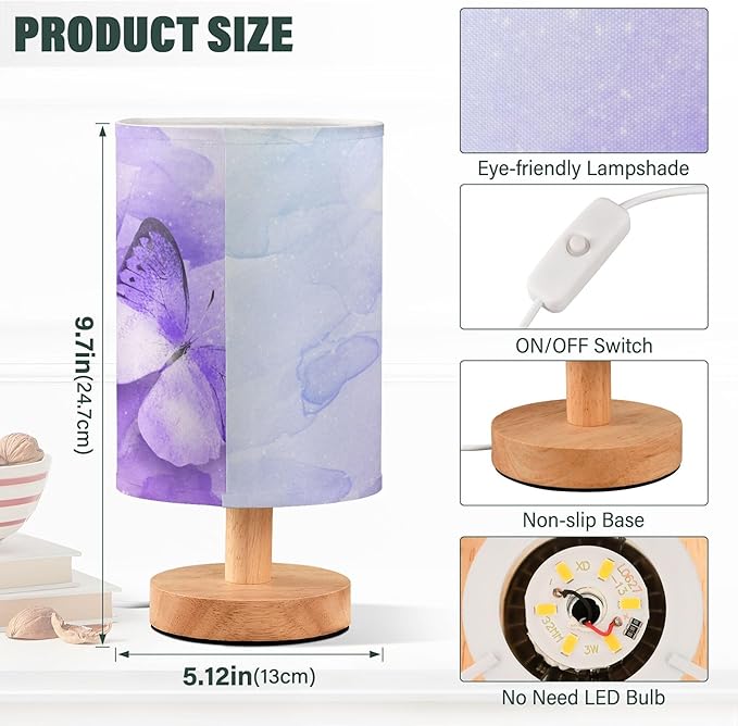 Table Lamp Watercolor Purple Butterfly Galaxy Nightstand Lamp with Wood Base Fabric Lamp Shade Bedside Desk Lamp for Living Room Bedroom Kids Room Office