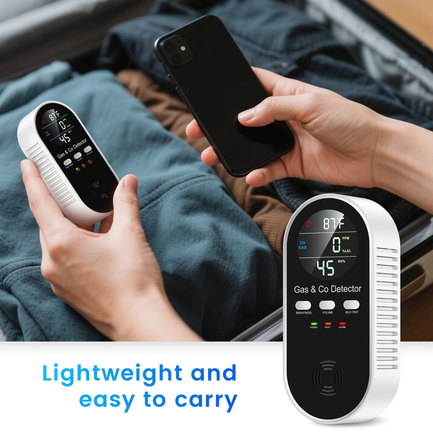 5 in 1 Carbon Monoxide Detectors Plug in with Temperature Humidity Sensor Built in Battery Backup, Natural Gas Leak Detector with Clear LED Display Sound & Light Warning for Home/Hotel, 2Pcs, Black.