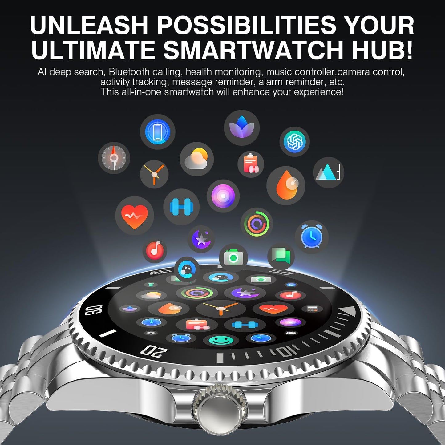 AI Smart Watch, DA GPT Waterproof Smartwatch, 1.19-inch AMOLED Display, 24/7 Heart Rate, Blood Oxygen, Blood Pressure, Sleep Monitor, 107 Sports Modes, Compatible Android and iOS Silver Black