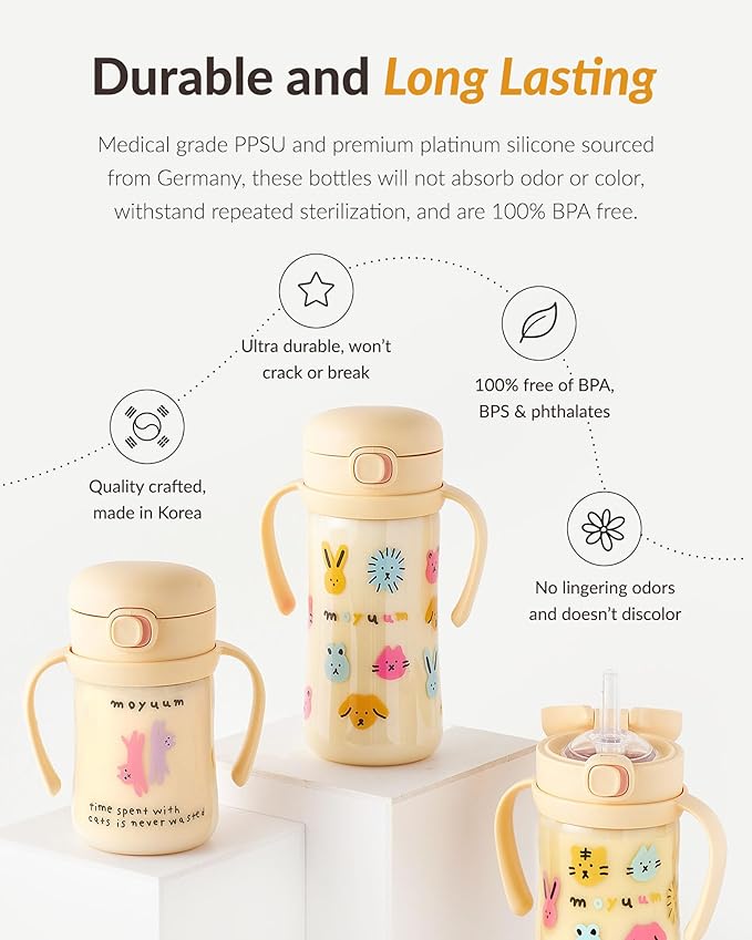 MOYUUM Leak Proof Sippy Cup with Handle | Made in Korea, 100% BPA Free PPSU, Magic No Spill Straw Cup with Attached Flip Top Lid, Easy to Hold for Babies and Toddlers, 9oz Gray