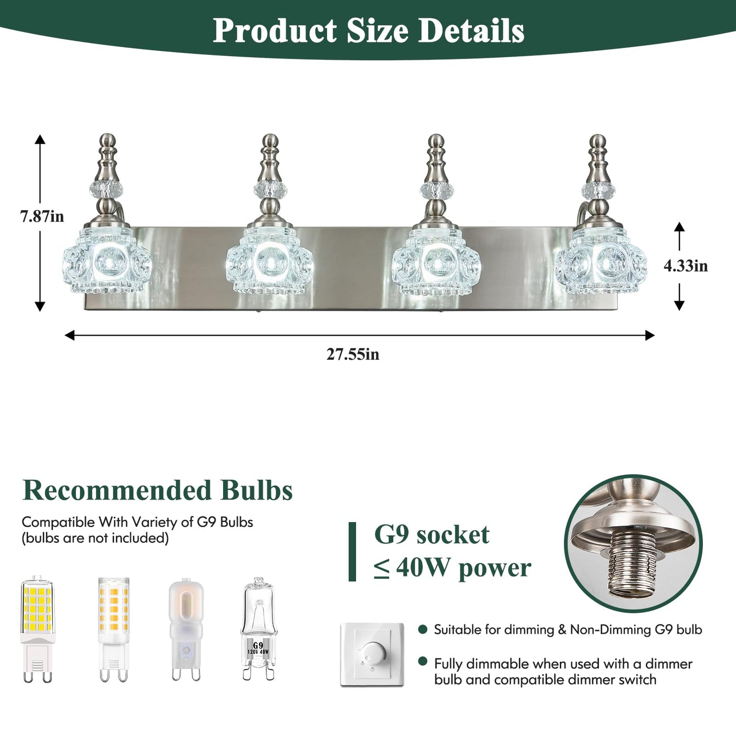 Lbsqj Modern Glass Crystal Vanity Light - Vintage Bathroom Lighting Fixtures Over Mirror  4 Light Vanity Lights G9 Bulb (27.55 Inch  Nickel)