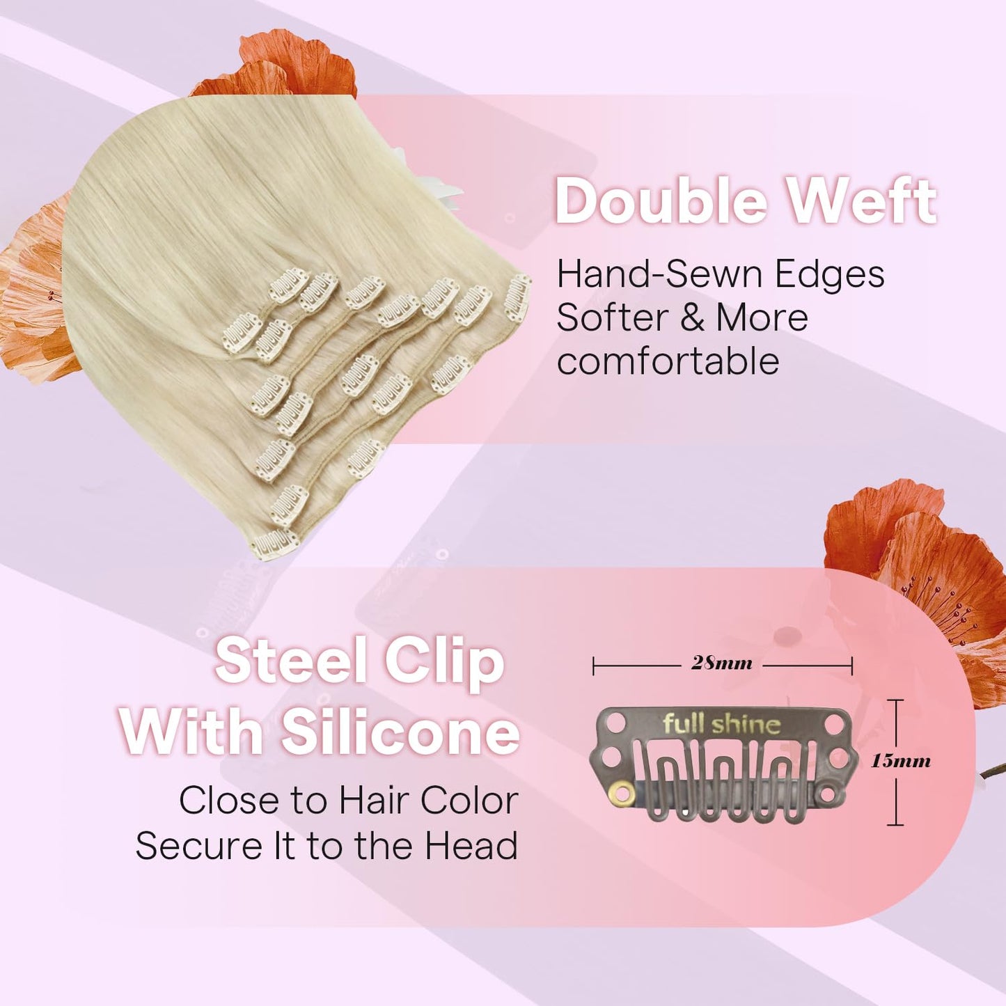 Ful Shine Platinum Blonde Hair Extensions, 22 Inch Clip in Hair Extensions Real Human Hair, Soft Silky Straight Long Hair for Wo