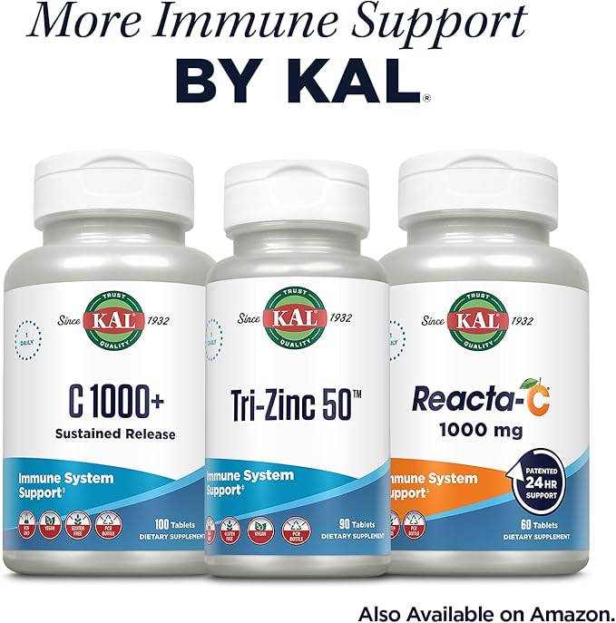 KAL Quercetin Reacta-C Bromelain Immune Support Supplement, 24 Hour Immune Defense with Bioflavonoids, Vitamin C 1000mg and Quercetin 500mg, Vegan, Gluten Free, 60-Day Guarantee, 30 Serv, 60 Tablets