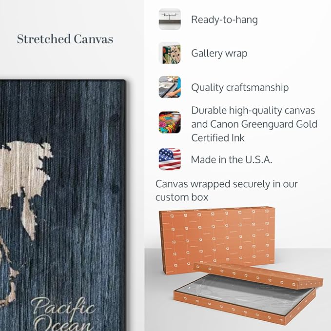 ElephantStock Aged Blue World Map I Canvas - 3 Panel Wall Decor - World Map Digital Art - Blue Wall Art - 38" X 24"