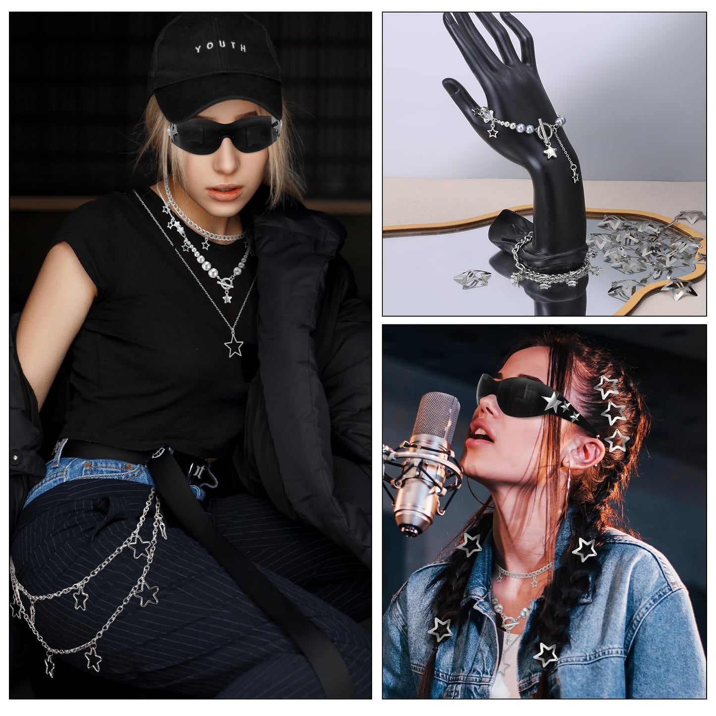 Y2k Accessories Set Included Star Y2k Silver Necklace Grunge Layered Necklace Hip Hop Pants Chain Y2K Sunglasses Star Hair Clip Y2k Silver Hair Clips Vintage Jewelry Set