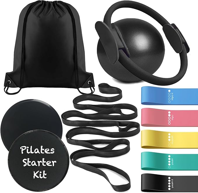 Pilates Essentials Kit for Home Workouts Women, Black Pilates Equipment Set with 9 Inch Yoga Ball, Pilates Slider, Resista...