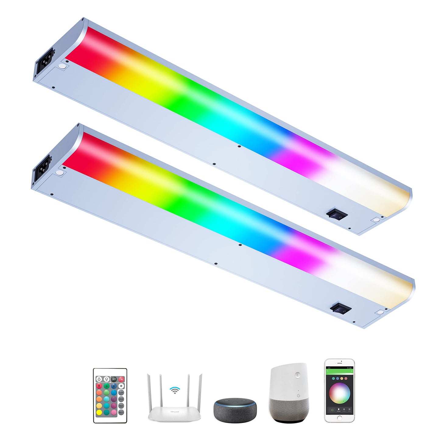 LAMPAOUS LED Under Cabinet Lighting, Smart Dimmable RGB & White, Hardwired, 2-Bar 24 Inch, Aluminum, Model LPS-FS-9, White