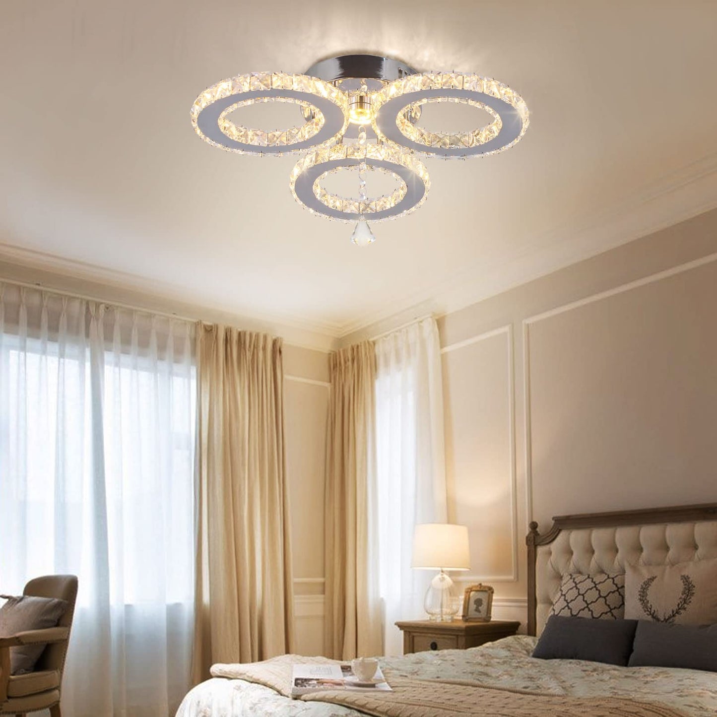 diisunbihuo LED Crystal Pendant Ceiling Light Chandelier 13x3.5 Inches Warm White Flush Mount for Bedroom Living Room