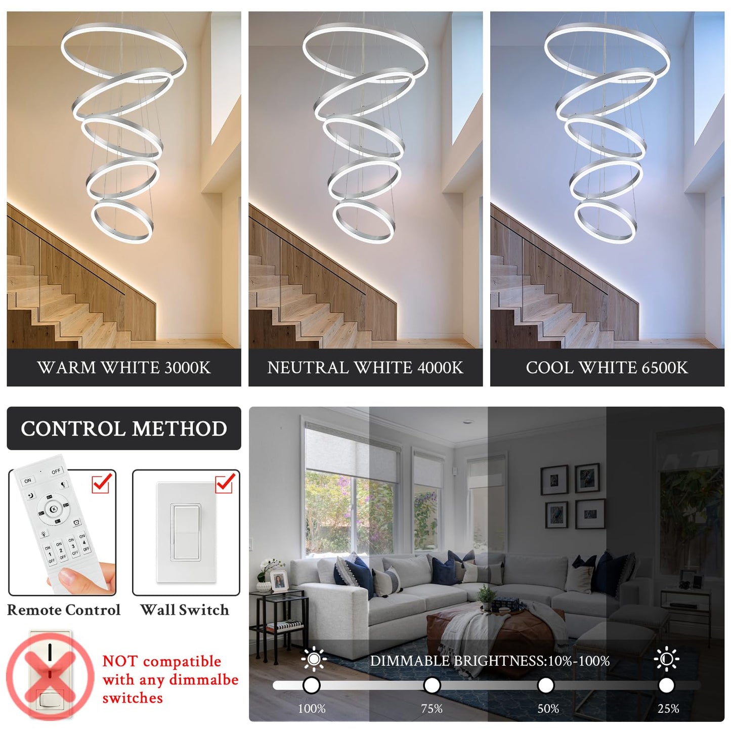 Sparklelf LED Chandelier, Dimmable Silver, 5 Rings 23.6in, Remote Control, Modern Design for Foyer, Dining Room, Living Room, Model SE-P60S