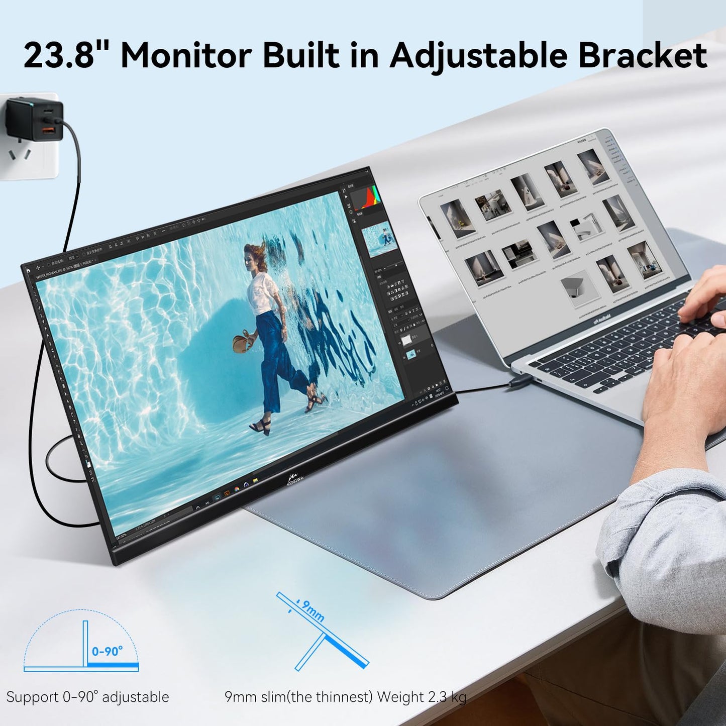 Kenowa 23.8" 100Hz Large Portable Monitor IPS FHD 1080P Freesync USB-C HDMI Gaming Monitor, External Display Dual Speakers Adjustable Stand for PC,Laptop,Mac,Phone,Game Consoles