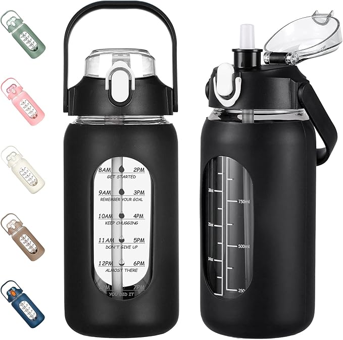 kytffu 42oz Glass Water Bottles with Straw, Motivational Glass Bottle with Silicone Sleeve and Time Marker, Leakproof Large Glass Water Jug for Gym Home Office,Black