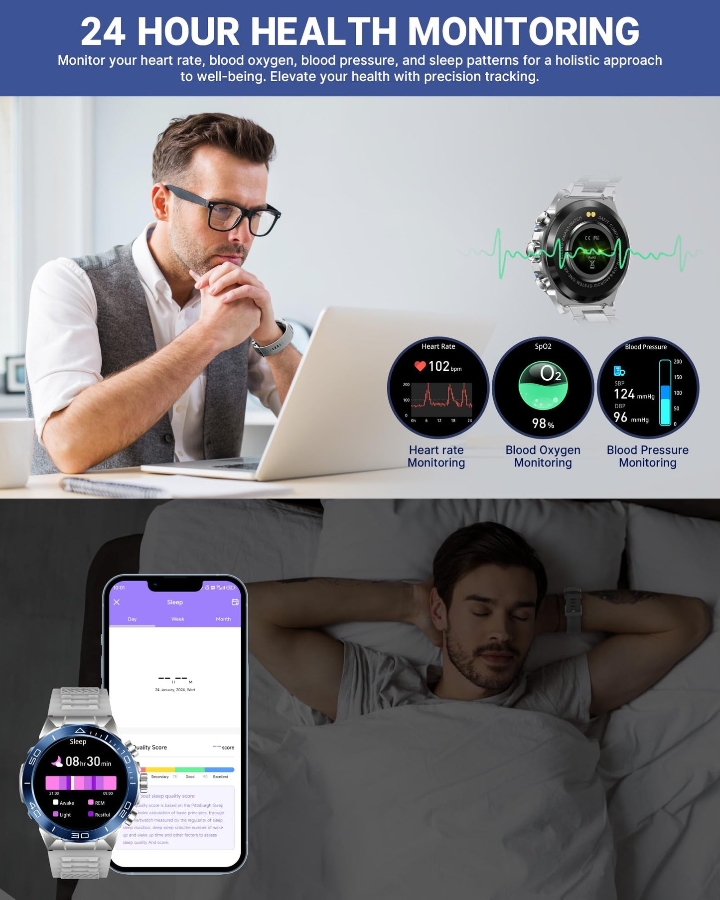 SOUYIE Smart Watch for Men,1.43''AMOLED Screen with 24 Hours Healthy Monitor, 100+ Sports Modes Fitness Tracker Watch, 400mAh Battery Pedometer Calorie Smartwatch Compatible Android iOS