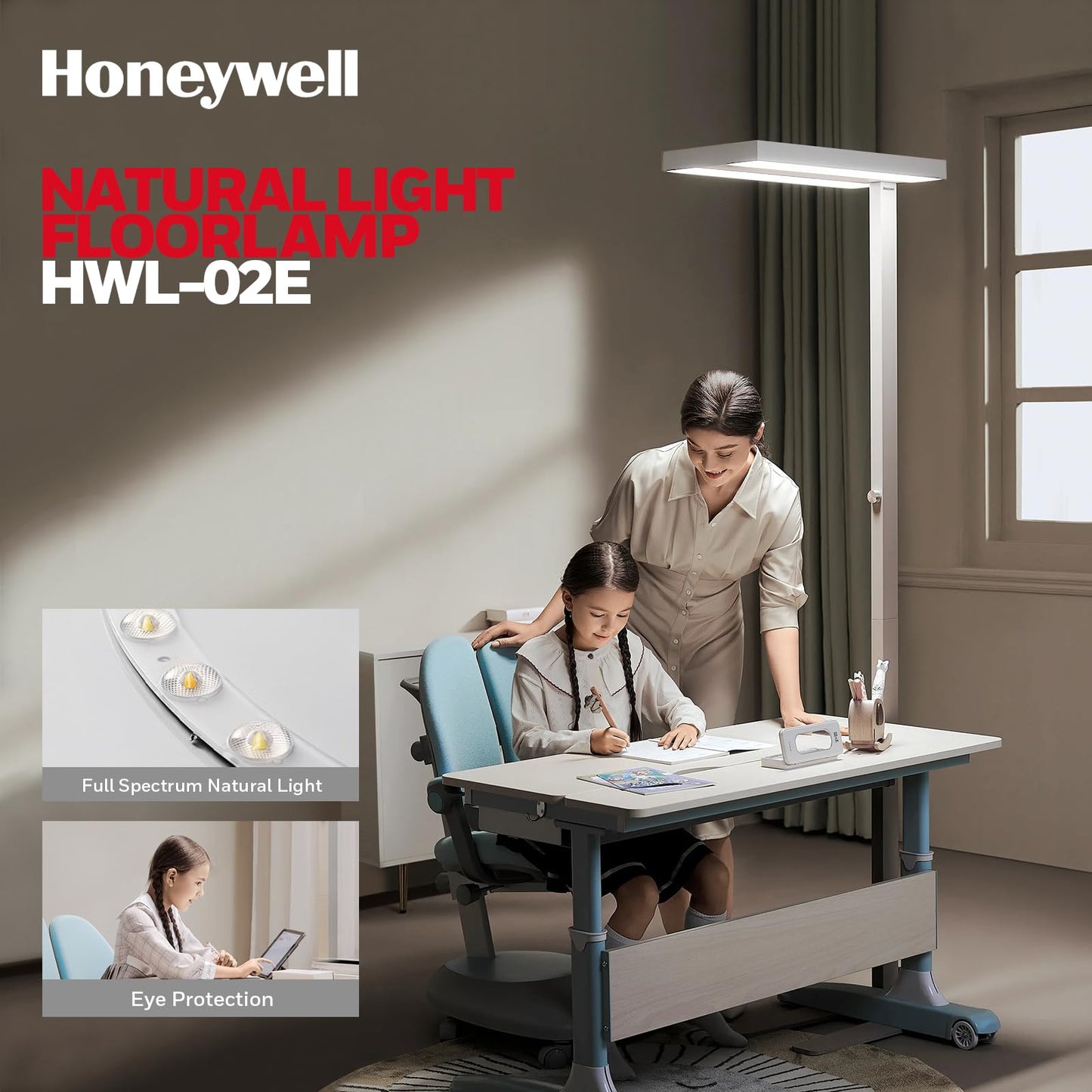 Honeywell LED Floor Lamp - Modern Eye Caring Dimmable Light, 6000LM, 60W, 4000K, Large, White, Model HWL-02E