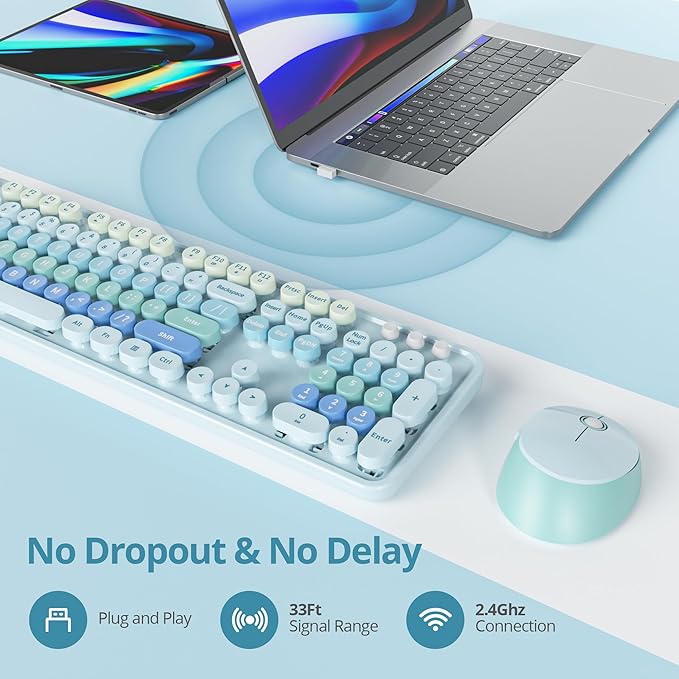 Wireless Keyboard and Mouse Set, Retro Typewriter Keyboard, 2.4GHz Full Size 104-Key Cute Keyboard with Number Pad, Colorful with Round Keycaps for Windows PC Laptop(Blue)