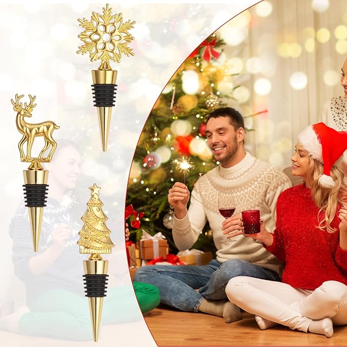 Wine Bottle Stopper,3 Pieces Christmas Snowflake Tree Deer Decorative Wine Bottle Stopper,Metal Reusable Wine Bottle Stoppers for Wine, Champagne and Beer Collection (Christmas Set)