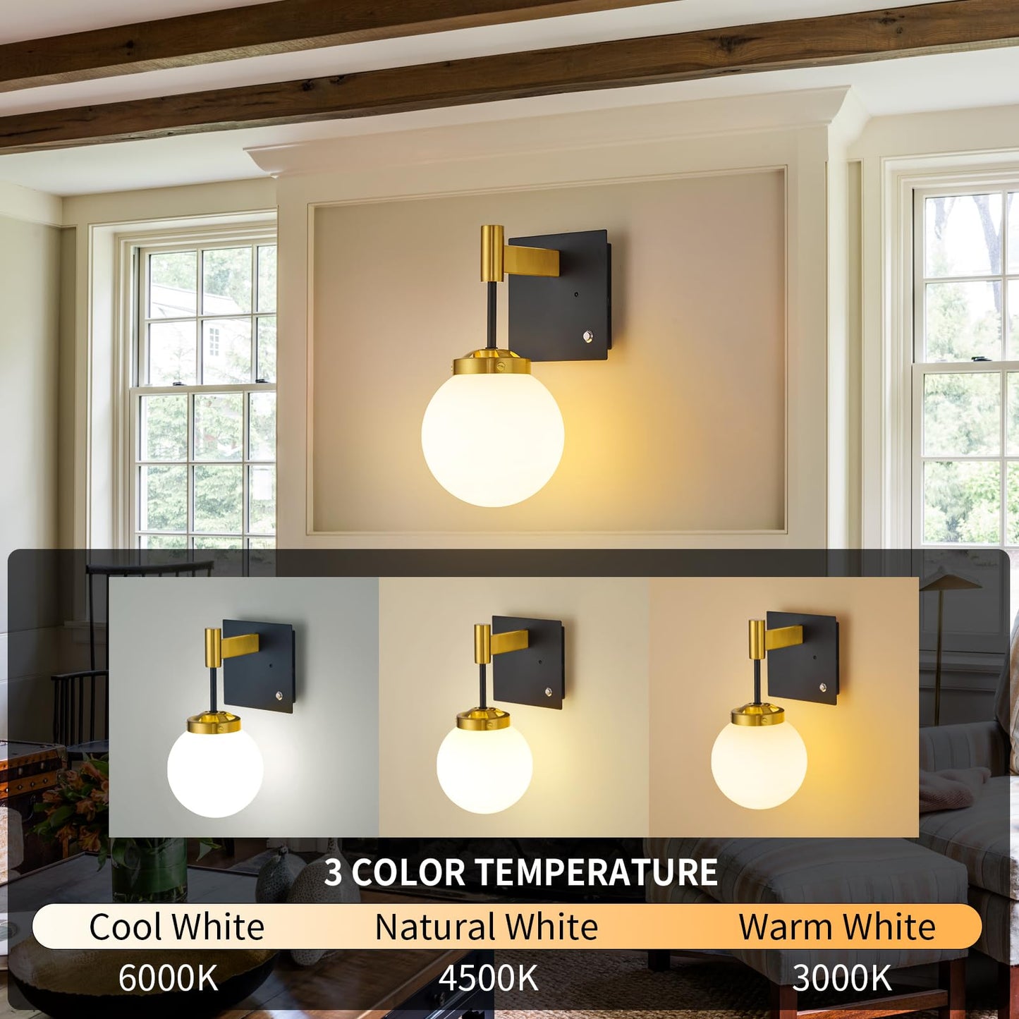 Rayogale Rechargeable Battery Wall Sconce - Wireless, Dimmable, Timer, Remote, Touch Control, Metal, Black Gold, 2 Pack, Model WL-7102-BG-2
