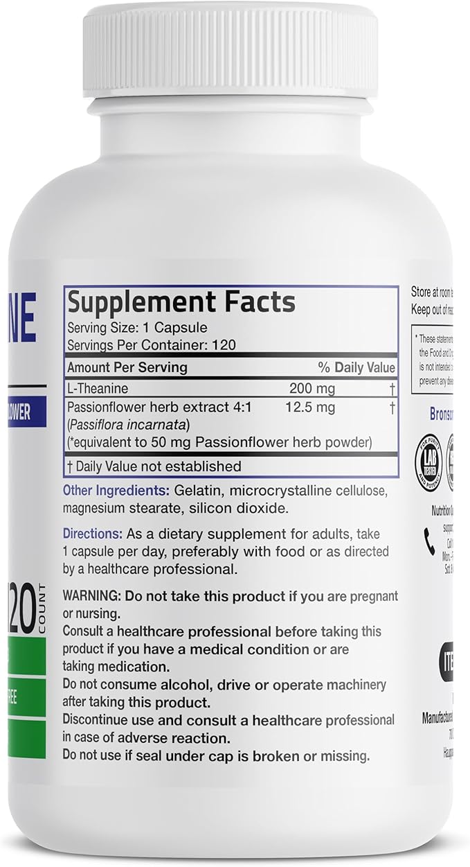 Bronson L-Theanine 200mg (Double-Strength) with Passion Flower Herb, Non-GMO Gluten-Free Soy-Free Stress Management Supplement, 120 Capsules