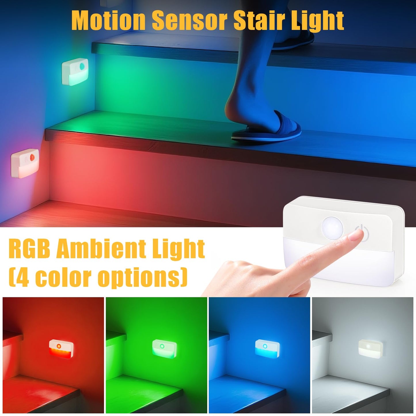 Guankai Motion Sensor Stair Lights, 16 Pack, RGB Battery Operated, Plastic, Model 0003D3, Wireless LED Night Light for Indoor Use
