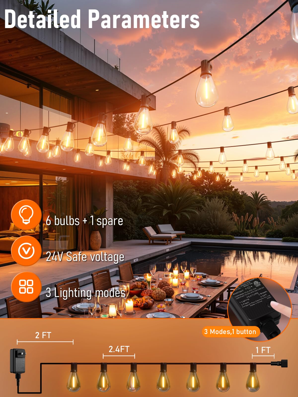 luckystyle LED Outdoor String Lights, 15FT, Warm Yellow-2200K, 6+1 Shatterproof Bulbs, Waterproof, Dimmable, Model S11
