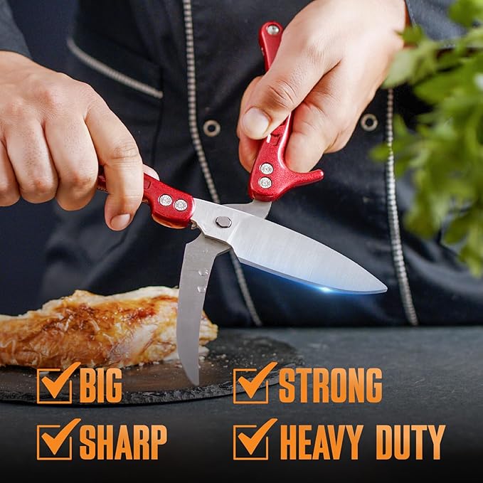 Poultry Shears, Kitchen Shears Heavy Duty for Food With Anti-Slip Handle & Safety Lock, Meat Scissors, Chicken, Lobster, Quail, Fish, Food Cutting Scissors, Bone Cutter (Ultra shears Red)