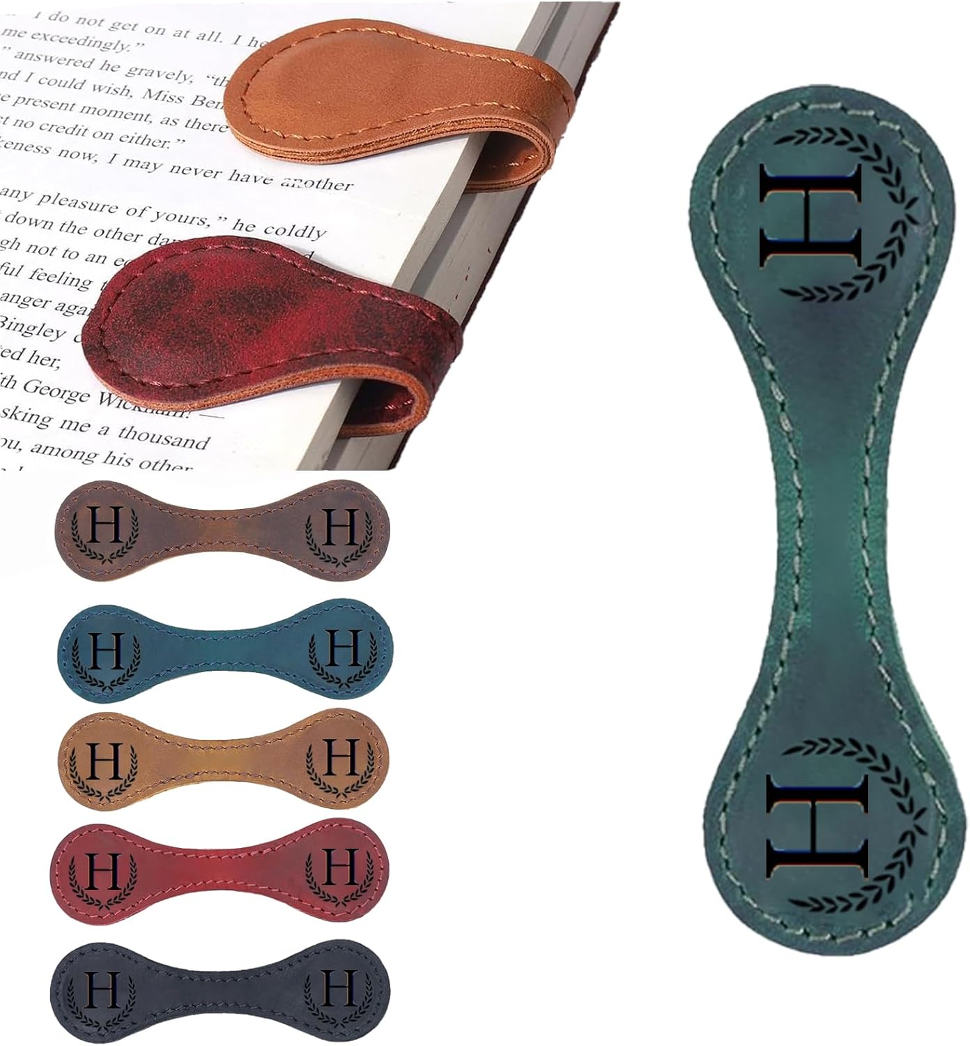 Personalized Magnetic Leather Bookmark, 26 Letters Custom Leather Bookmarks, Handmade, Leather Magnetic Bookmark for Book Lovers Readers Women Kid(Green，H）