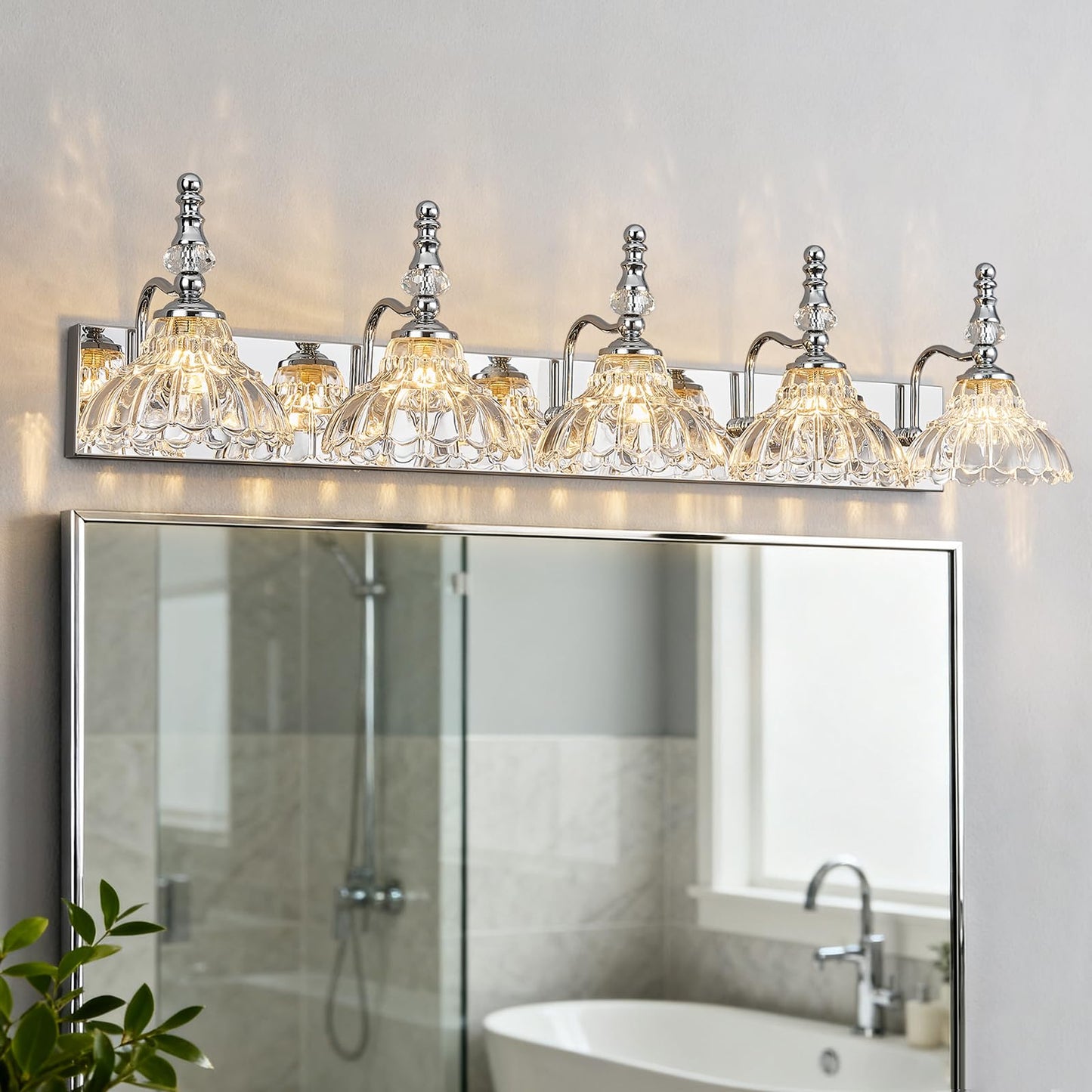 Lbsqj Vintage Bathroom Vanity Light  5-Light Chrome Vanity Lighting Fixture With Flower Glass Shade  Bathroom Lighting Fixtures Over Mirror