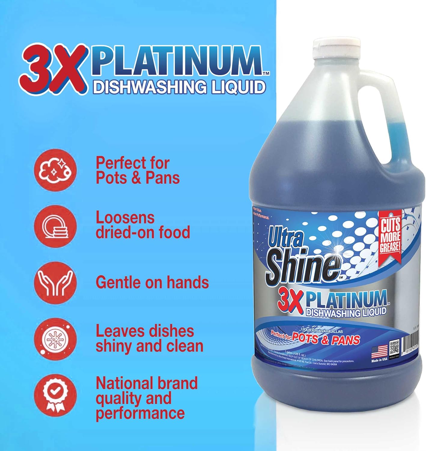 Ultra Shine™ 4 Pack 3X Platinum™ Dishwashing Liquid, Powerful Grease Remover, 1 Gallon - Concentrated Dish Cleaner Soap for Commercial Kitchens, Restaurants & Home Cleaning, Gentle on Hands & Skin