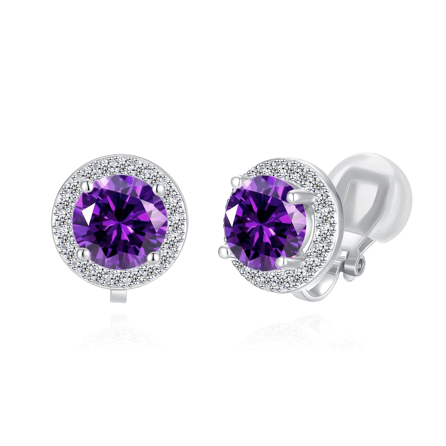 YOQUCOL 8MM Purple Cubic Zirconia Crystal Clip On Stud Earrings Round Non Pierced Earrings For Women