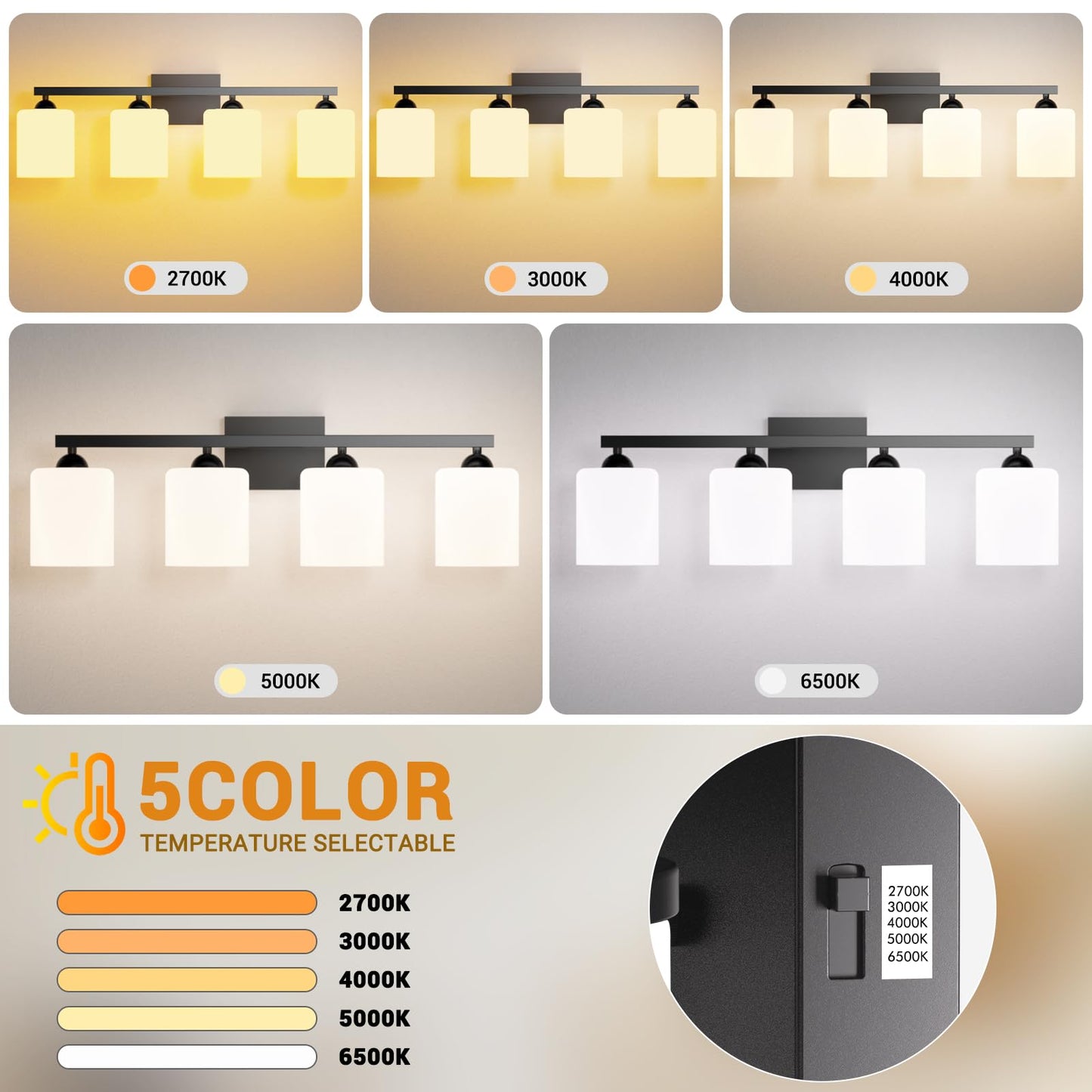Quntis 4-Light LED Bathroom Vanity Light, Adjustable Colors, Metal, Black & Milky White, 28.3 inch