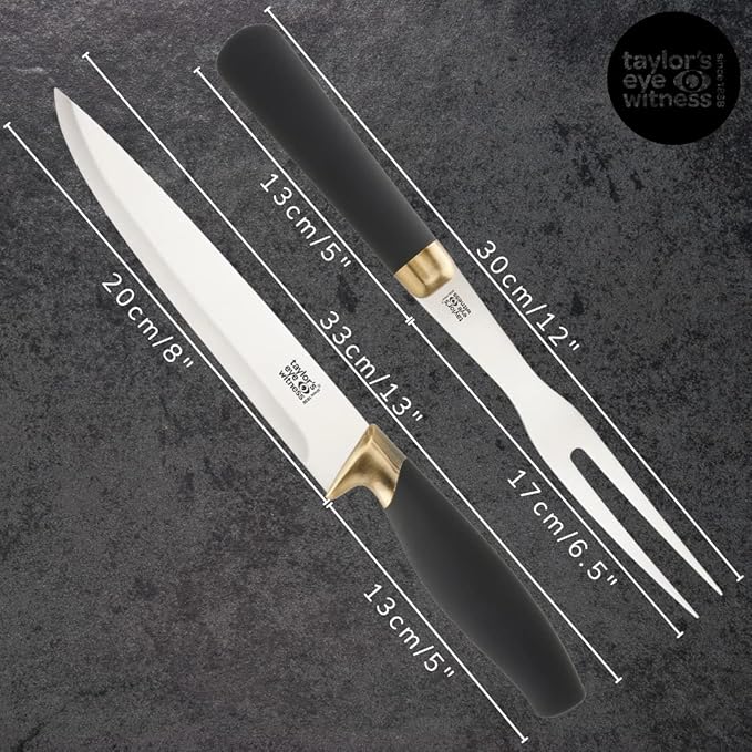 Taylors Eye Witness Carving Knife & Meat Fork Set - 20cm/8 Inch Classic Matt Stainless Steel Blade. Strong, Stylish Two Prong Fork for Professional Chefs & Home Cooks. Brass Bolster. Soft Grip Handle