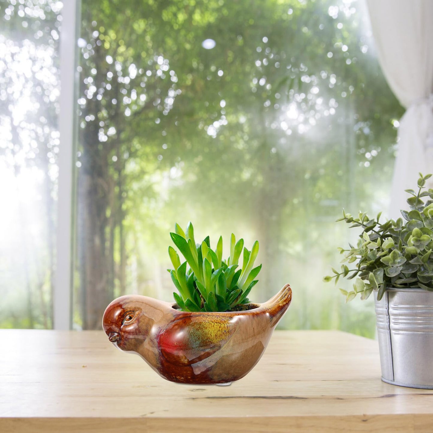 Levemolo Ceramic Succulent Planter Pot with Bird Motif for Indoor and Outdoor Balcony Gardening, Glazed Pottery Bowl Planter for Succulents and Small Plants