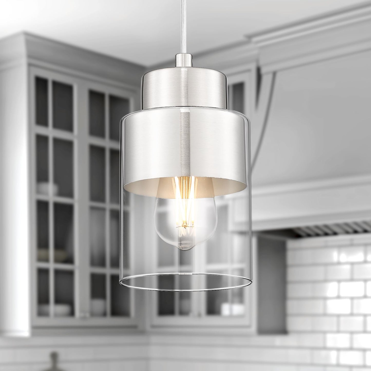 Audickic 2-Pack Pendant Lights Kitchen Island  Brushed Nickel Dual Shade Hanging Lights Fixtures With Metal And Clear Glass  Kitchen Pendant Lighting Over Island For Dining Room  Ad-24022-1P2-Sn