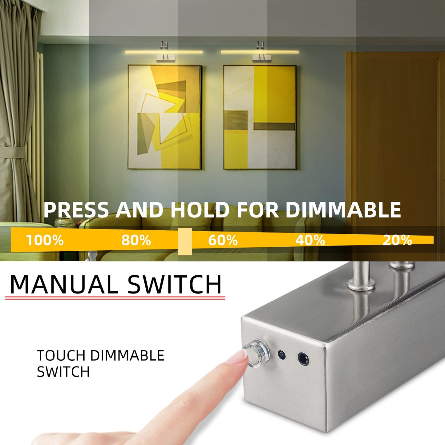 Raifoolly 16In Battery Operated Picture Light, Dimmable Metal Art Light, Remote Control, Nickel Finish, Model Rf00123