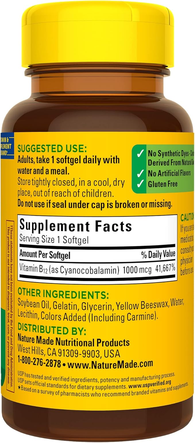 Nature Made Vitamin B12 1000 mcg, Dietary Supplement for Energy Metabolism Support, 90 Softgels, 90 Day Supply