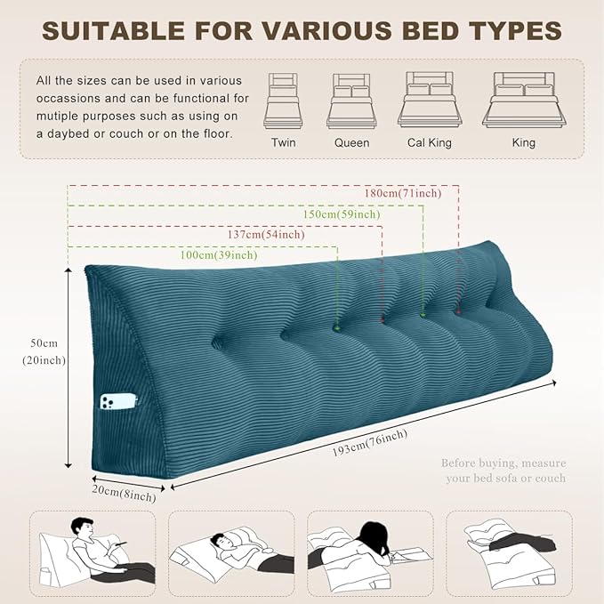 Headboard Pillow - Queen-Sized Headboard Wedge Pillow for Daybeds and Bunk Beds - Durable, Comfortable, with Removable Velvet Cover (Navy blue, 71x20x8Inches)