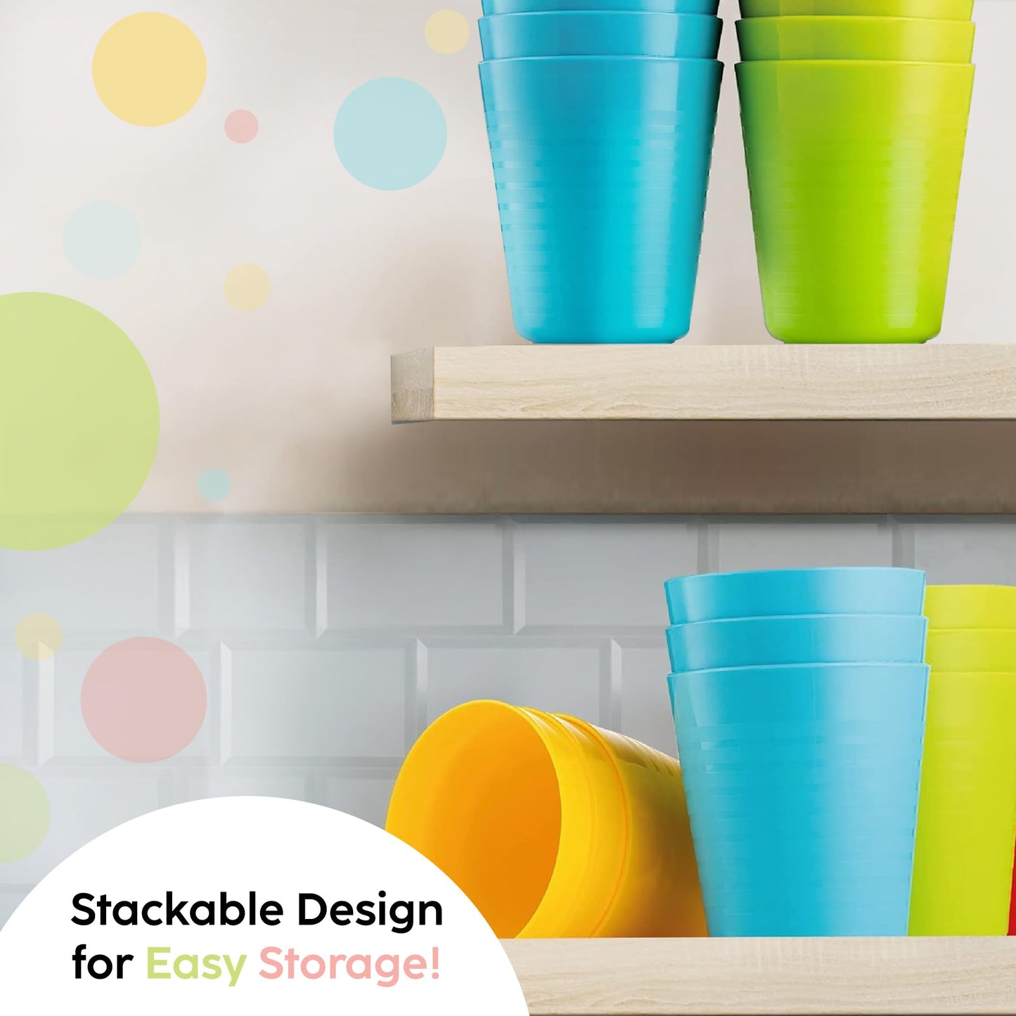 PLASKIDY Kids Cups - Set of 12, 8 oz Plastic Cups Reusable - Dishwasher Safe - BPA-Free for Kids & Toddler