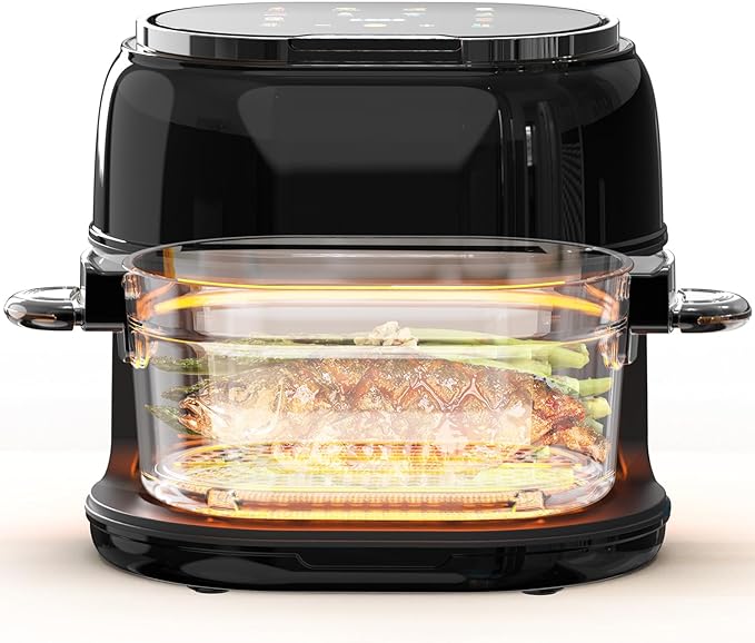 6QT All-Glass Air Fryer with 360° View - 8-in-1 Functions (Fries/Wings/Fish/Shrimp), Presets, Digital Touchscreen, Nonstick Basket, Dishwasher Safe, Extra-Long Design for Whole Fish & Asparagus