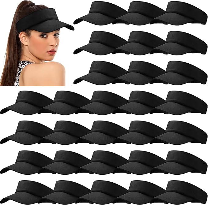 24 Pieces UV Protection Visors for Women Men Sports Outdoor Sun Visor Hat Black Visor Adjustable Beach Cap for Outdoor Ten...