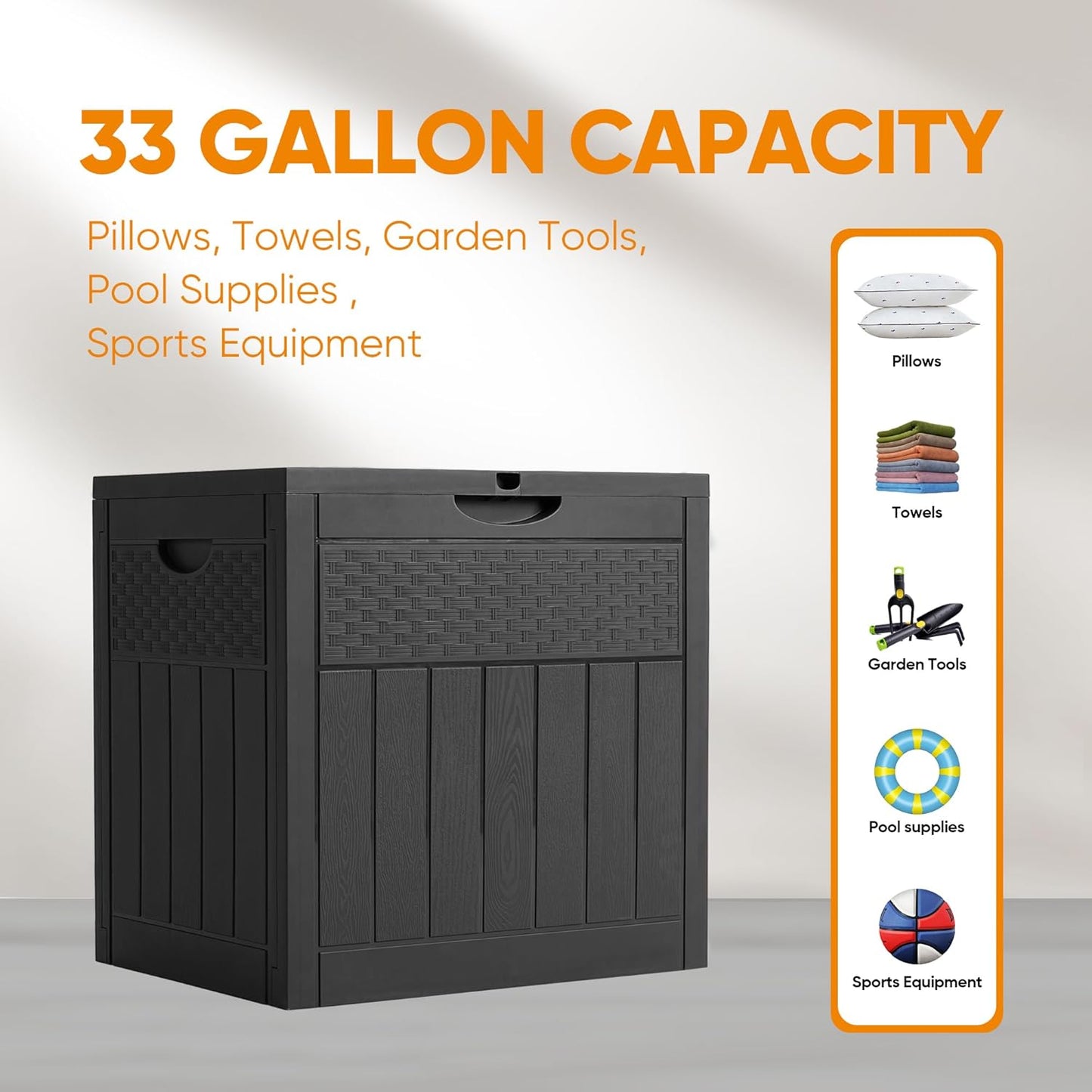 33 Gallon Resin Deck Box, Weatherproof Outdoor Storage Box for Patio, Garden, Pool, and Yard, Lockable Waterproof Bin for Tools, Cushions, and Accessories, Black