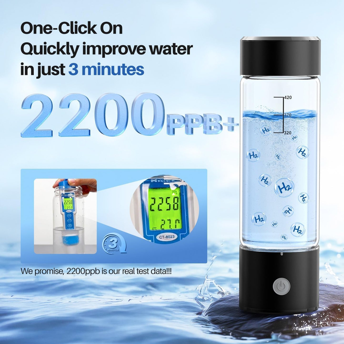 MOVOCA Hydrogen Water Bottle, 3Min 2200PPB Rapid Hydrogen Water Generator -SPE PEM Tech, 14OZ Portable Hydro Water Machine, Health Care Gifts for Husband, Wife, Family, Friends, Travel