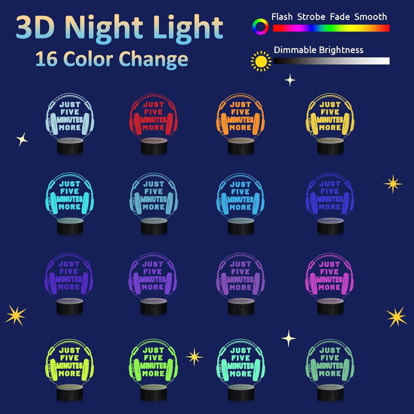 Attivolife Just Five Minutes More Night Light, Headphone Graphic Video Games Gamer Room Decor, Funny Gift 3D Illusion Lamp 16 Colors Changing Touch & Remote Control for Men Teenagers Kids