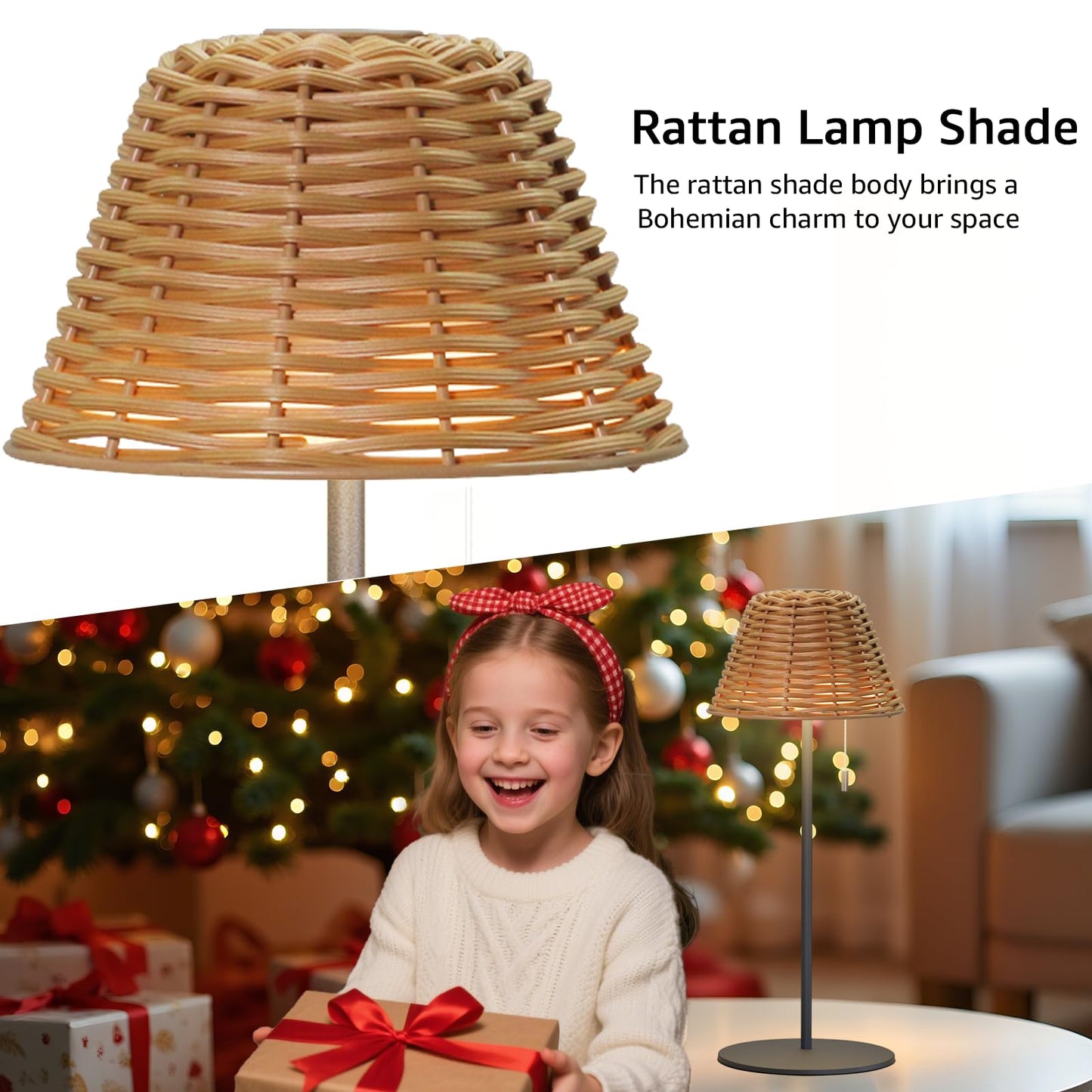 NiceBuy Rattan Table Lamp, Cordless Rechargeable, IP44 Water-Resistant, Small, Style D, Model OKS-MLERX809IPOP